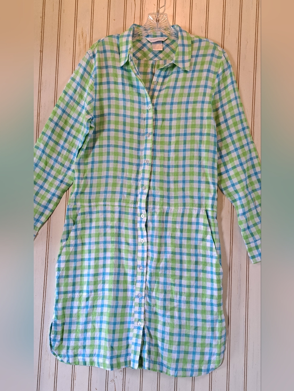 The Company Store Linen Dress Shirt Dress Green/Blue Plaid Beach Small Colorful